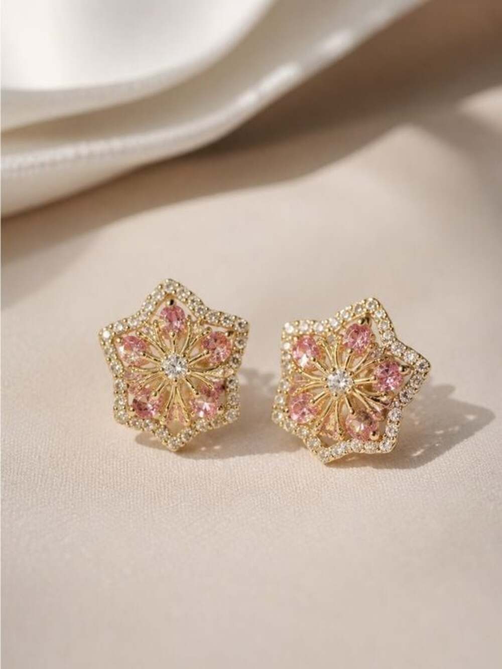 Gold Flower Cluster Stud Earrings with Pink Crystals